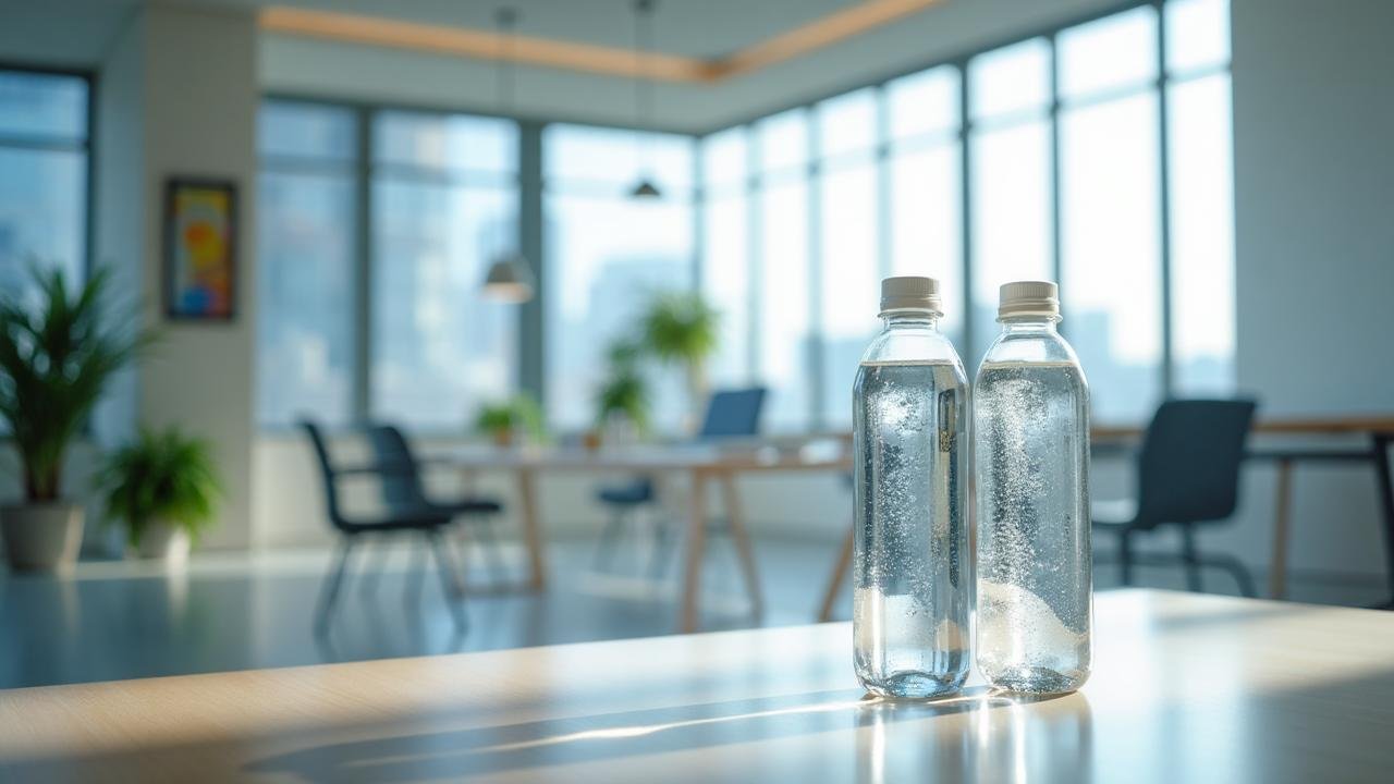 Botellas de agua de cristal encima de una mesa con un fondo de oficina